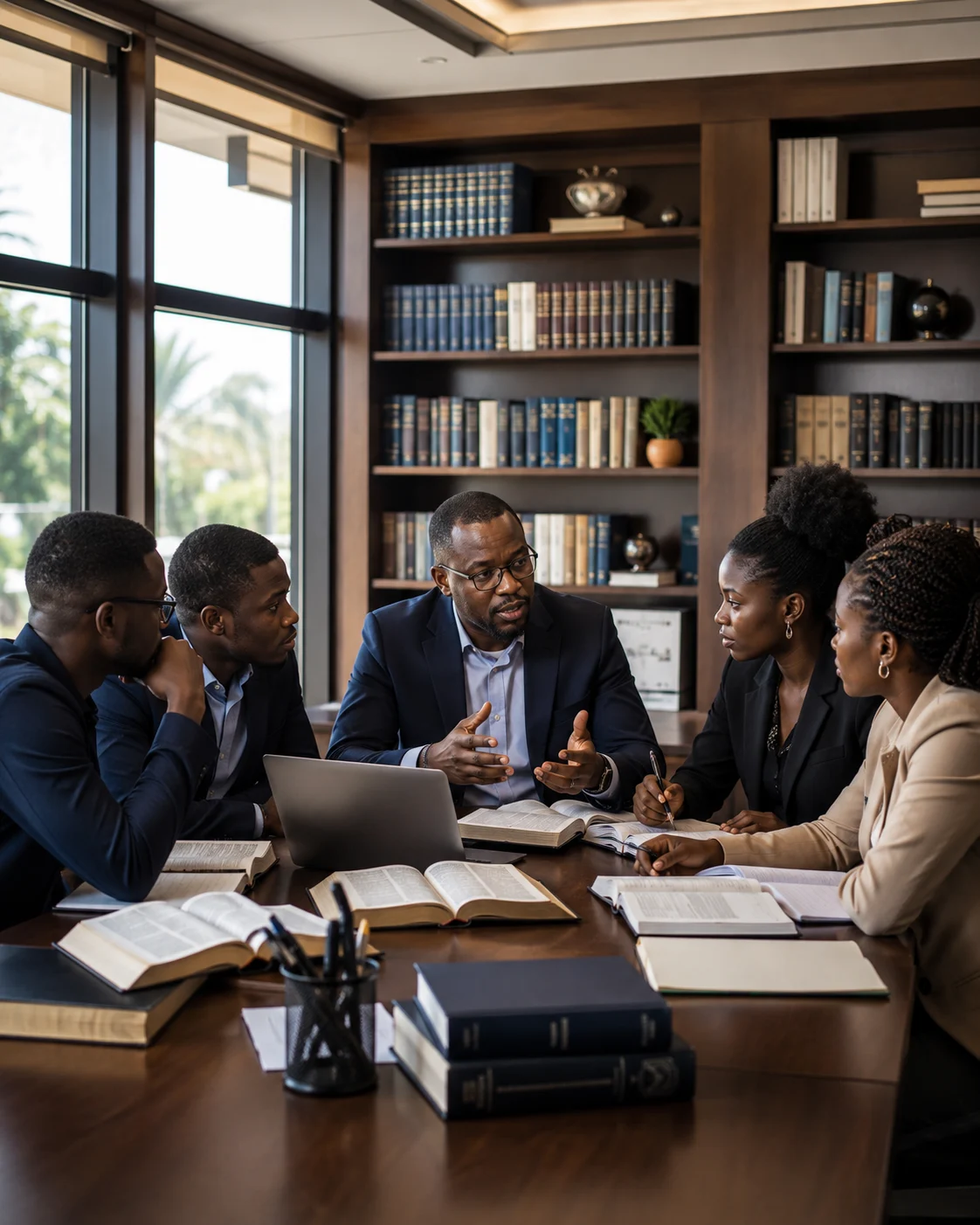Professeur de théologie échangeant avec des étudiants africains dans une bibliothèque universitaire